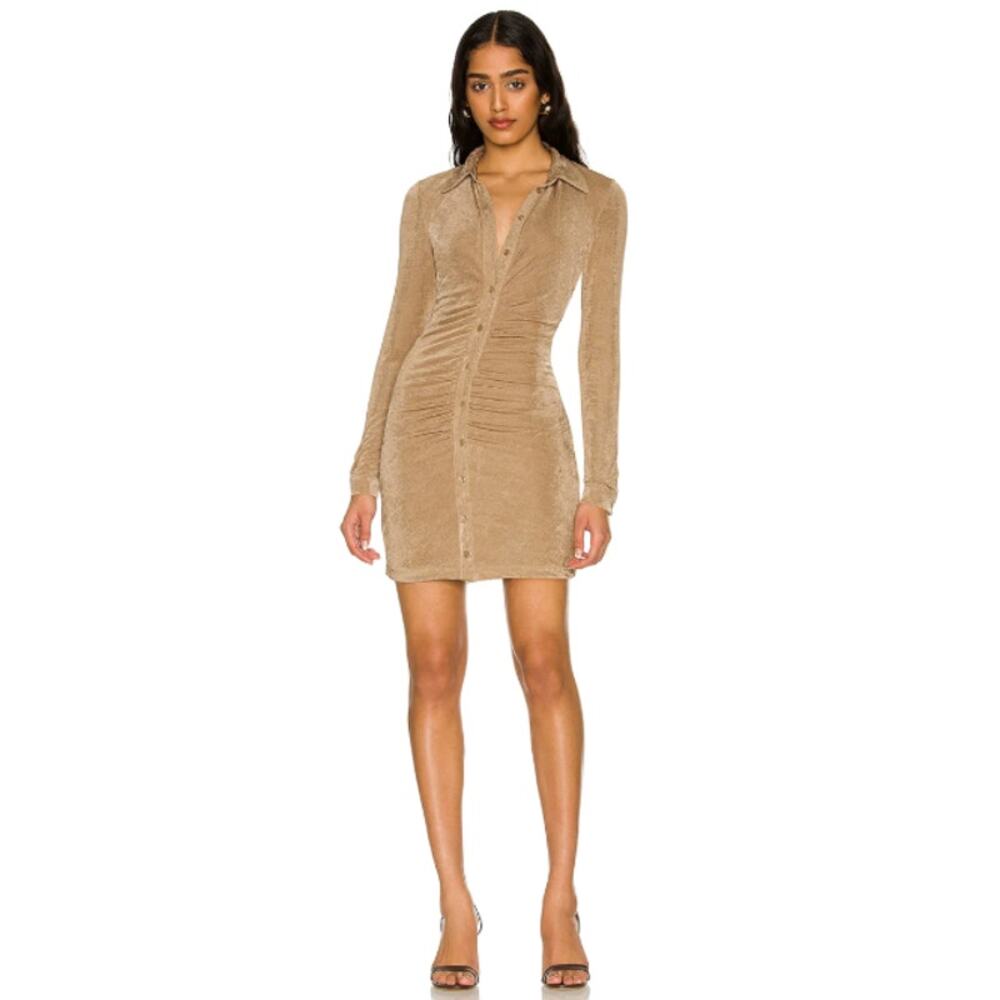 Bardot Dress Womens Brown Gathered Slinky in Stone Button Up Size‎ Medium